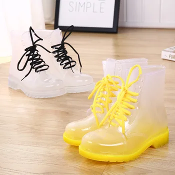 

Women Rain Boots Mature Lady Lace Up Waterproof Lady Shoes Transparent Candy Colors Ankle Outdoor Girl's Shoes dfc3 2020