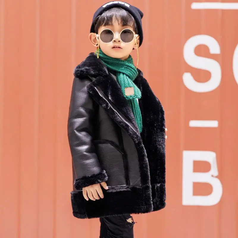 Boys& Girls Plus Velvet Leather Jacket Winter Coat New Fur one Thick Warm Pu Leather Jackets For 2-13T Children - Цвет: black