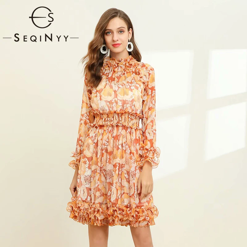 

SEQINYY Orange Dress 2020 Summer Spring New Fashion Design Women Ruffles Flowers Printed Elastic Waist A-line Mini Dress