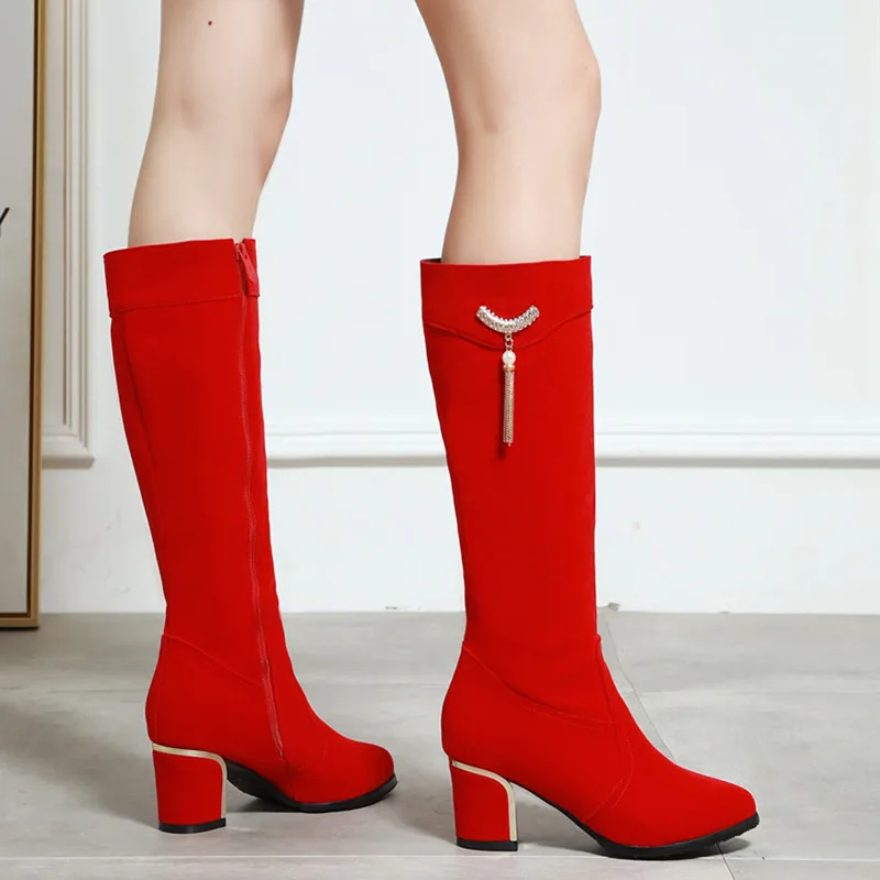 Autumn Winter Knee High Boots Women Black Red Flock Women's High Boots Luxury Casual Low Heels Fashion Long Party Shoes Female