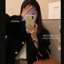 Korean style long sleeve coarse tweed small fragrance short women's 2021 autumn loose top women's tweed jacket