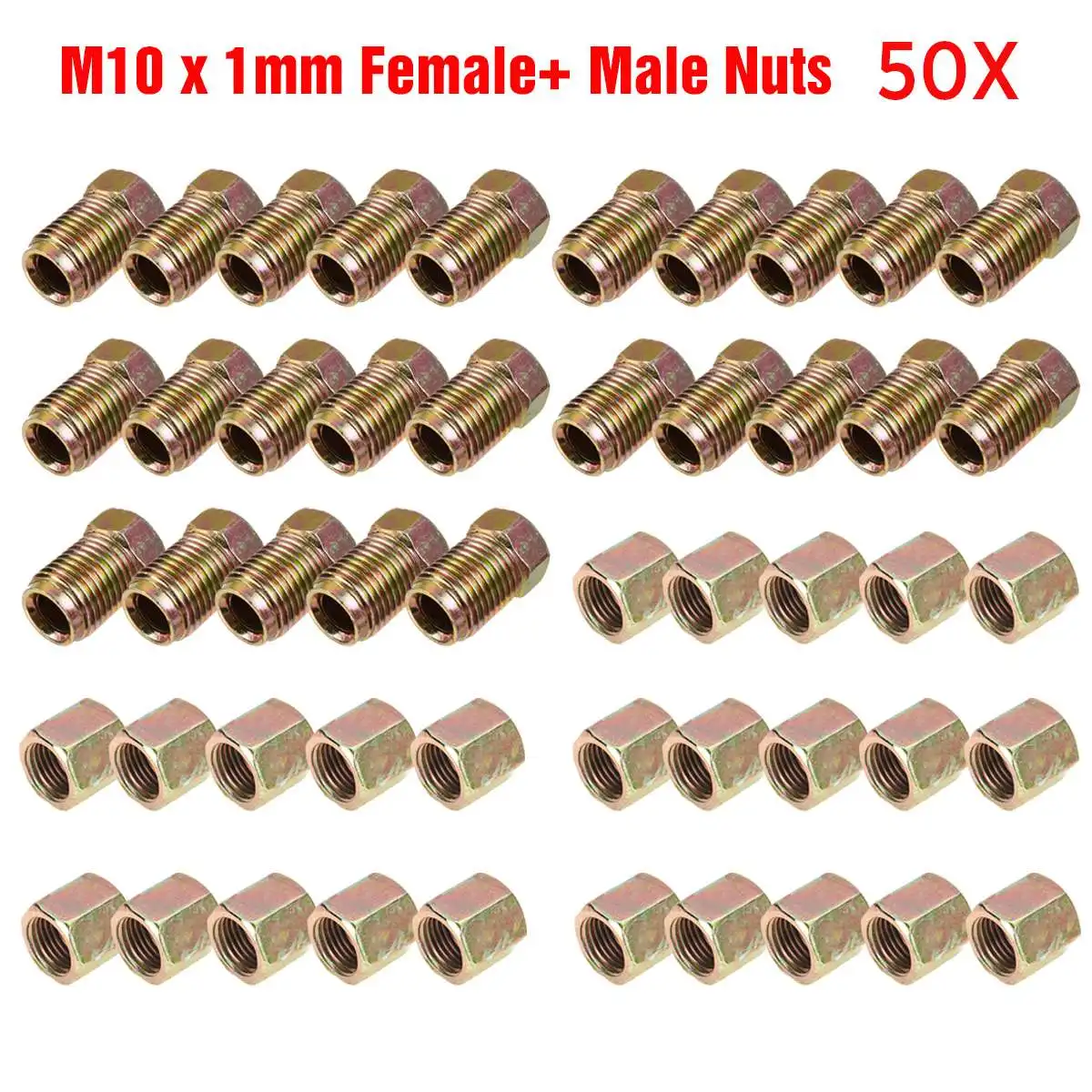 Brake Pipe Connectors 10mm x 1mm 2 Way Inline Male and Female Nuts For 3/16 Pipe