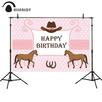 

Allenjoy Horses Photography Background Cowboy Hat Bow Pastel Dots Happy Birthday Photophone Girls Celebration Photocall Backdrop