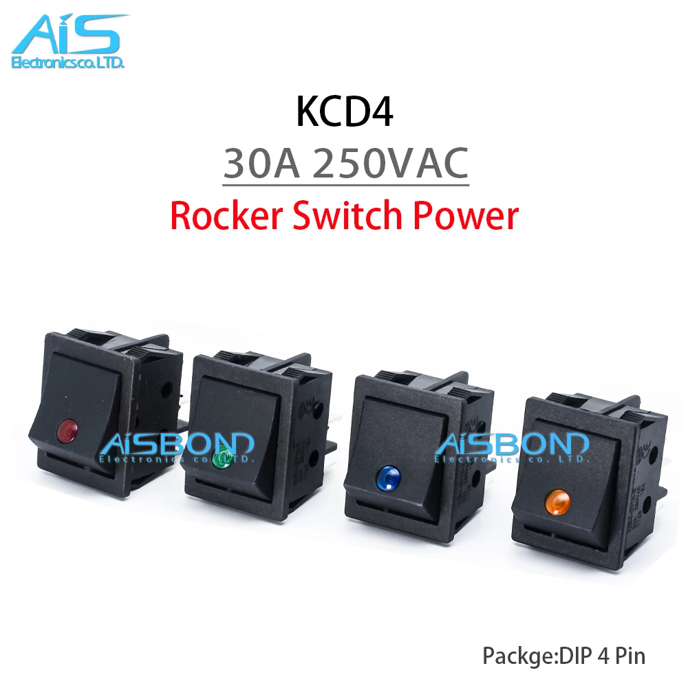 New KCD4 30A 250VAC 250V Latching Rocker Power Switch I/O 4 Pins With Light Position Black Button Mounting 31mm*25mm