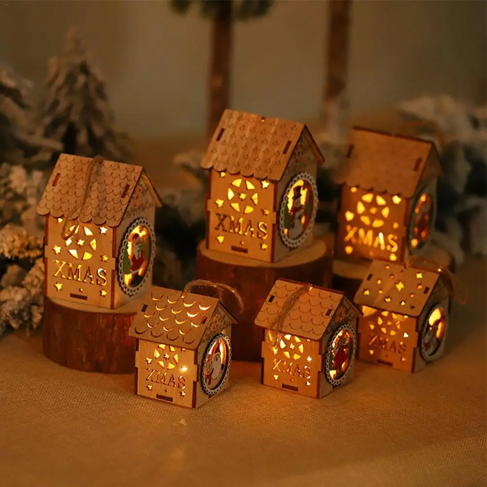 

2020 LED Light House Wooden Hanging Christmas Ornaments Cute Wooden House lamp for Christmas Tree Decoration Children Gift
