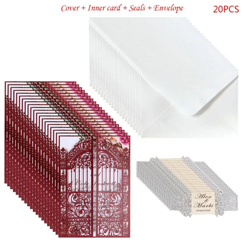  20 Pcs European Style Wedding Invitation Cards Hollow out Cover Pocket Supply - 4.0005E+12