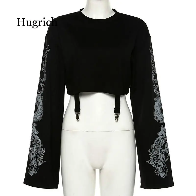 

Dragon Print Gothic Vintage Female Sweatshirts Harajuku Loose Fall 2020 Crop Flare Sleeve Pathchwork Sweatshirt