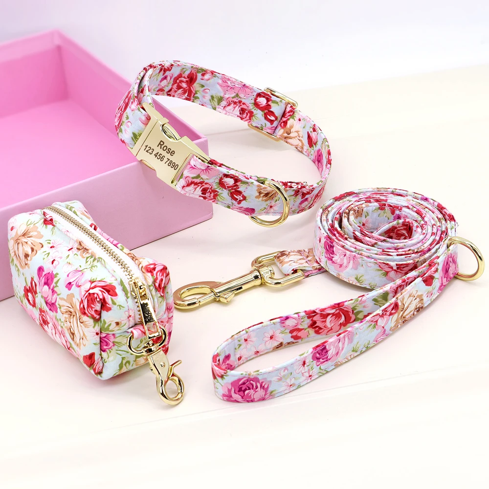 Correa y collar de nailon con flores para perro, conjunto de sujeción animal con estampado floral para mascota de tamaño pequeño, mediano y grande, bolsa para comida de premio|Collares| - AliExpress
