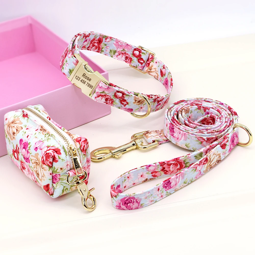 Flower Dog Collar Leash Set Custom Small Medium Large Dog Pet Collars Floral Print Nylon Dog