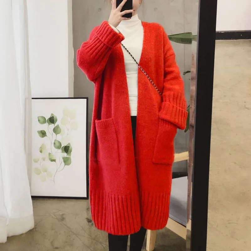 Возможно U женский свитер вязаный с длинным рукавом серый хаки красный темно розовый однотонный длинный кардиган пальто с v-образным вырезом Осень M0239