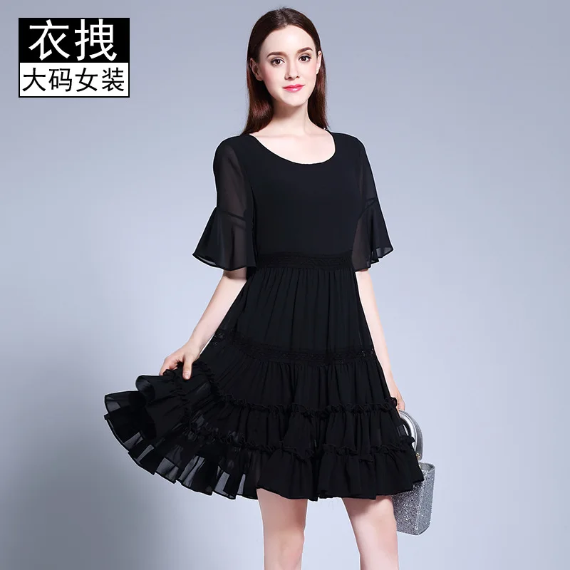 

Bohemian Chiffon Joint Lace Beach Skirt Fat Mm Bell Sleeve Summer New Style Mid-length Slimming Dress