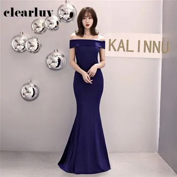 

Mermaid Evening Dress Boat Neck Prom Gowns DX382-3 2020 Plus Size Elegant Party Gown Navy Blue Short Sleeve Long Evening Gowns