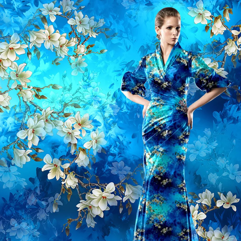 5 метров синяя Цветочная цифровая печать ткань DIY Швейные материалы Высокое качество печать ткань для платья подушка сумка