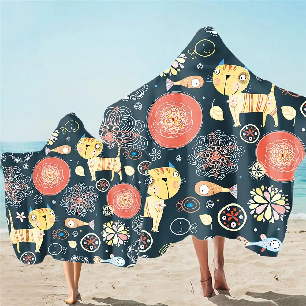 Cute Cartoon Printed Beach Hooded Towel For Adult Kid Absorbent Microfiber Poncho Bath Towels Outdoor Surf Swimming Beachwear