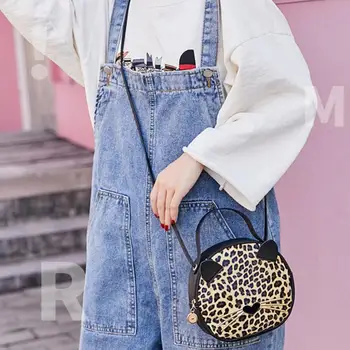 

Cat Ears Crossbody Bags Female Leopard Printing PU Leather Mini Round Creative Patchwork Shoulder Bag Cute Travel Handbag