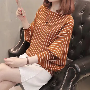 

New-coming Batwing Sleeve Stripe Print Autumn Winter Knitted O-neck Pullovers Sweaters Long Sleeve Korean Sweater Tops
