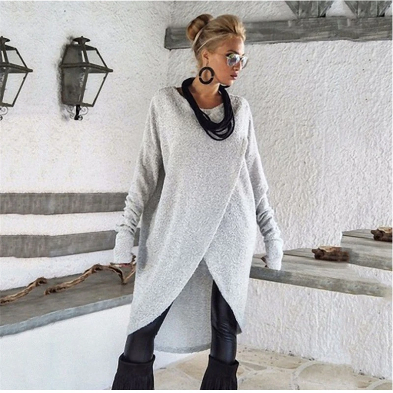 

Hot Sale 2019 Autumn Ladies Round Neck Irregular Loose Dress Women Long Sleeve Casual Solid Knee-Length Knitting Dress S-3XL