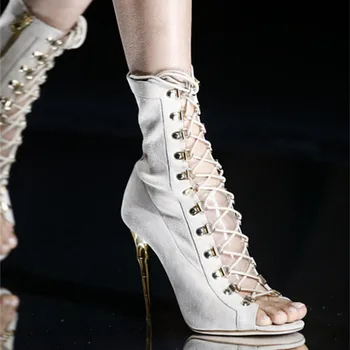 

Summer Flock Sandal Booties Ladies Sexy Peep Toe Ankle Boots Party Ladies Botas Mujer Lace-Up Solid Women Boots Zapatos De Mujer