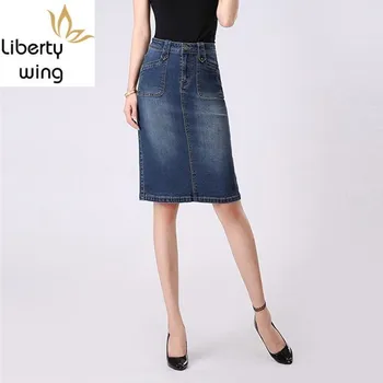 

Spring Autumn High Waist Back Split Womens Denim Fashion Knee Length Slim Fit Female Pencil Wrap Skirts Plus Siz S-6XL