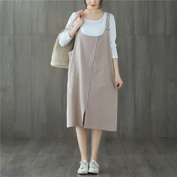

COIGARSAM Cotton Linen Women Skirt Spring Summer Suspenders Skirts Khaki 6102