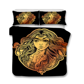 

Golden Women Hair Bohemia Bedding Set Bedroom Decor Hypoallergenic Black Backgroud Quilt Cover 1PC Duvet Cover Pillowcase