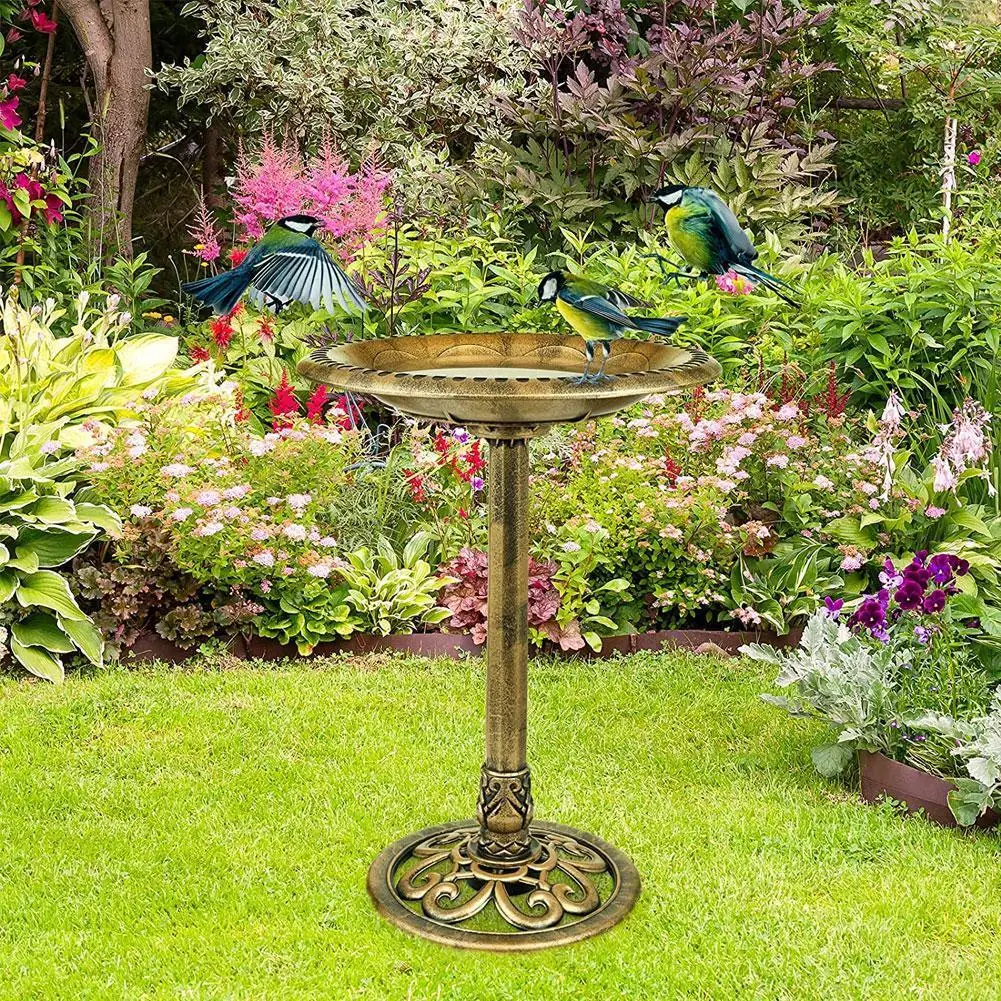 Antique Gold Finish Pedestal Bird Bath Outdoor Birdbath Garden Decor Yard Patio 
