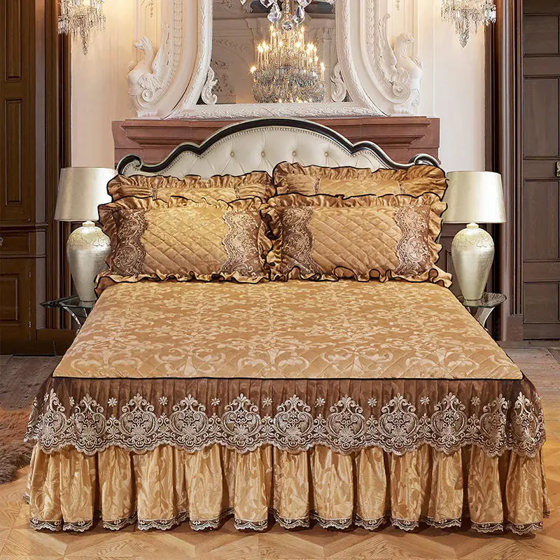 Juego de ropa de cama de princesa de lujo, fundas de almohada, sábanas de cama de encaje cálidas y gruesas de terciopelo, Funda de colchón de tamaño King y Queen, 1/3 Uds.