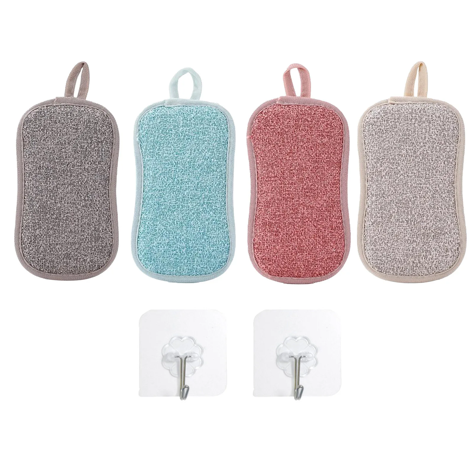 4PCS Reusable Dish Washable Sponge Microfiber Scouring With 2Sticky Hooks Window Groove Cleaning Cloth | Дом и сад