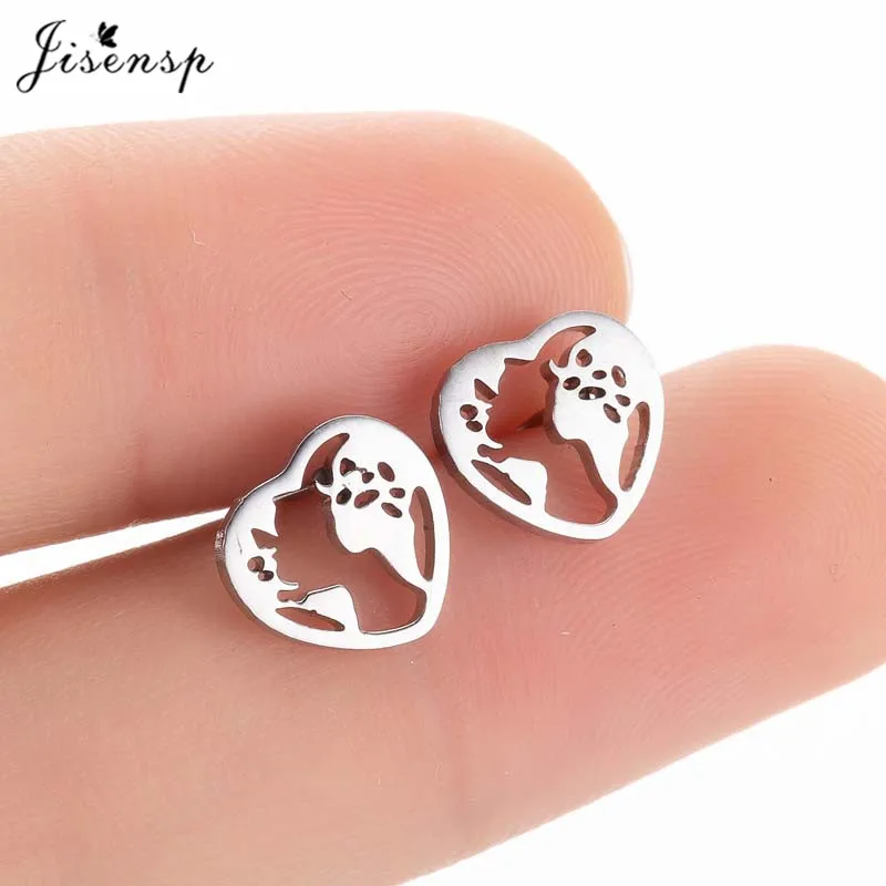 Jisensp 2019 Unique Design World Map Stainless Steel Earrings Fashion Jewelry for Women Hollow Heart Stud Earrings bijoux