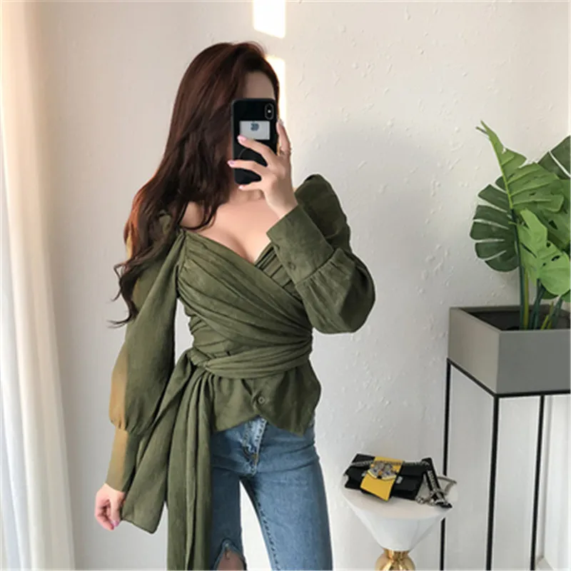 Blusas новая плиссированная рубашка с v-образным вырезом на шнуровке с регулируемой талией, тонкая короткая блуза, женские топы PZ2513