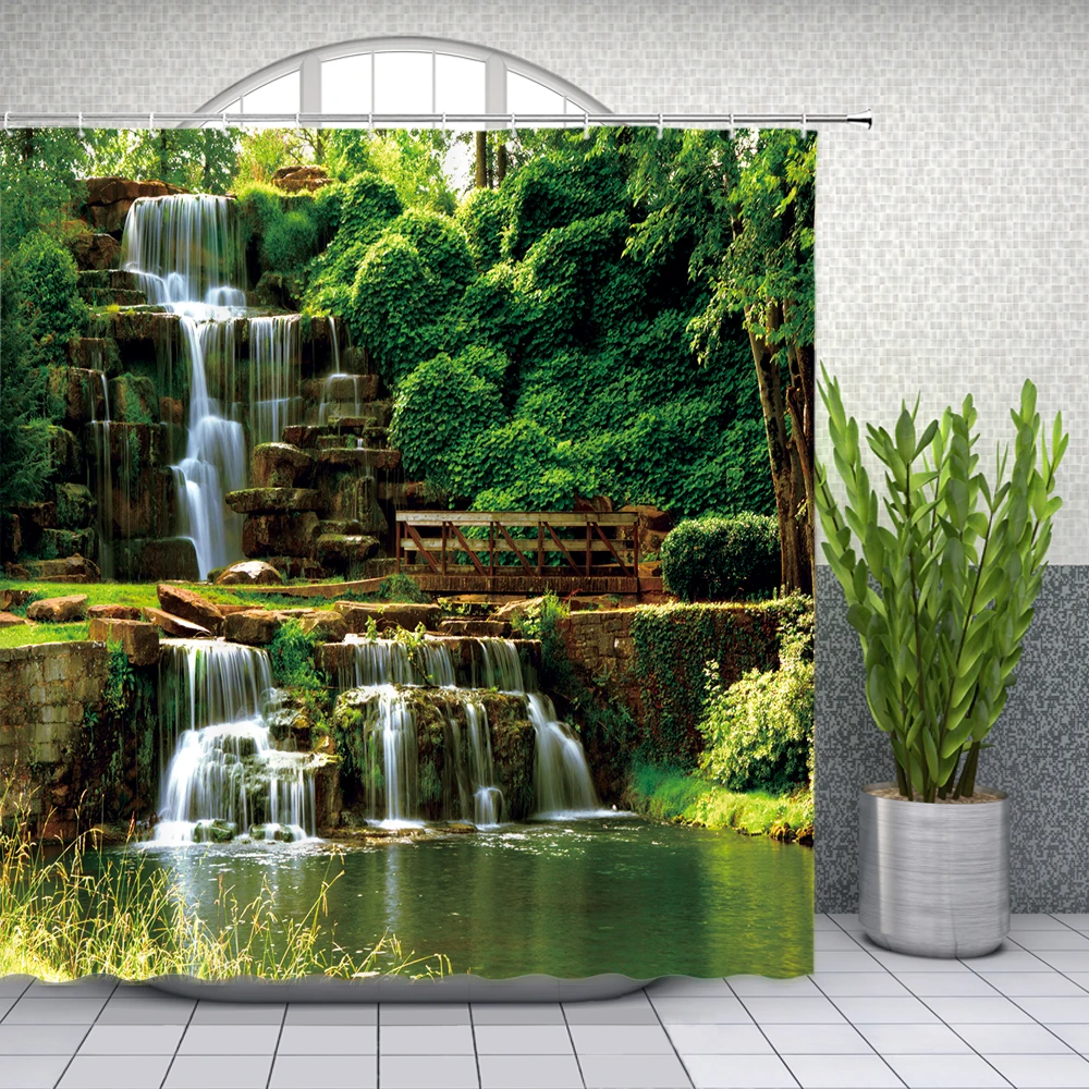 Landscape Nature Scenery Shower Curtain, Waterfall Mountain At Sunset