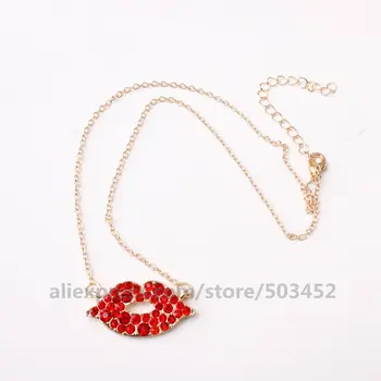 

200pcs/lot Hot Sells Sexy Choker Necklace New Style Fashion Chain Necklace Red Full Zirconia Lips Pendant Ketting Necklaces