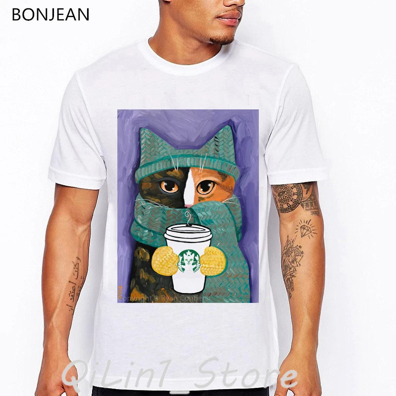 

Funny coffee cat print tshirt men korean streetwear mens t-shirts cute cartoon animal print oversized white t shirt camiseta