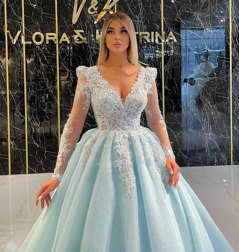 SoDigne Long Sleeves Evening Dress Sexy V Neck Long Sleeves Arabic Prom Formal Dress Lace Appliques Women Evening Gowns