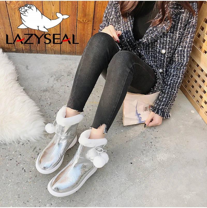 LazySeal/Новые теплые зимние ботинки женская обувь однотонные кожаные зимние полусапоги на плоской подошве, на платформе, из водонепроницаемого материала, с меховым помпоном