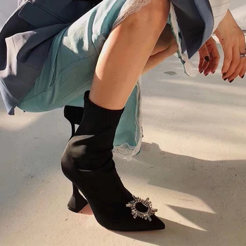 

Slip On Stretch Boots Women Crystal High Heel Mid Calf Sock Boots Short Plush Warm Winter Female Shoes