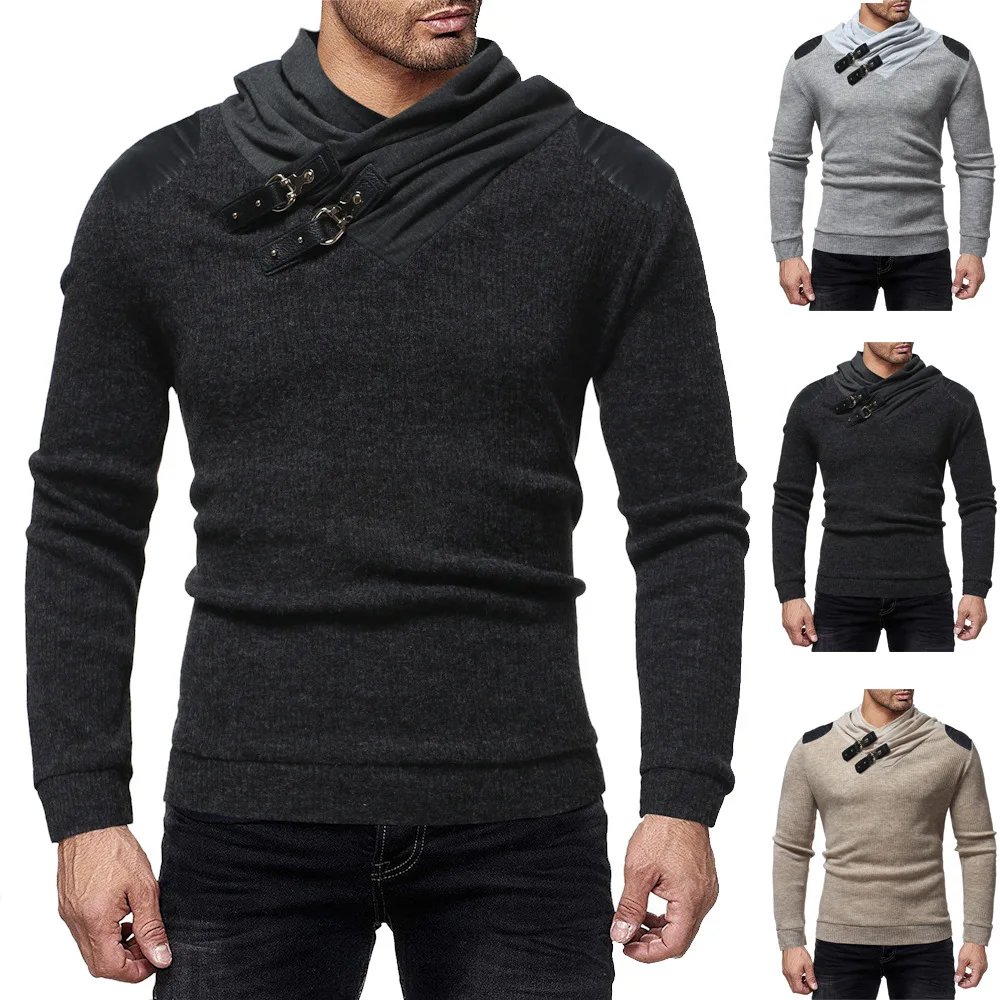 

2019 New Men's Sweaters Leather Buckle Stitching Long-sleeved Knit Pullover for Men Pile Collar Slim Sweater Pull Homme