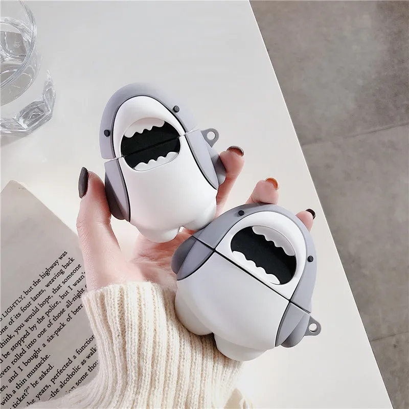 

Cute Case for AirPods 1 2 Silicone Bluetooth Earphone Case for Airpods pro Cartoon Protective Cover Stereoscopic Shark +Keychain