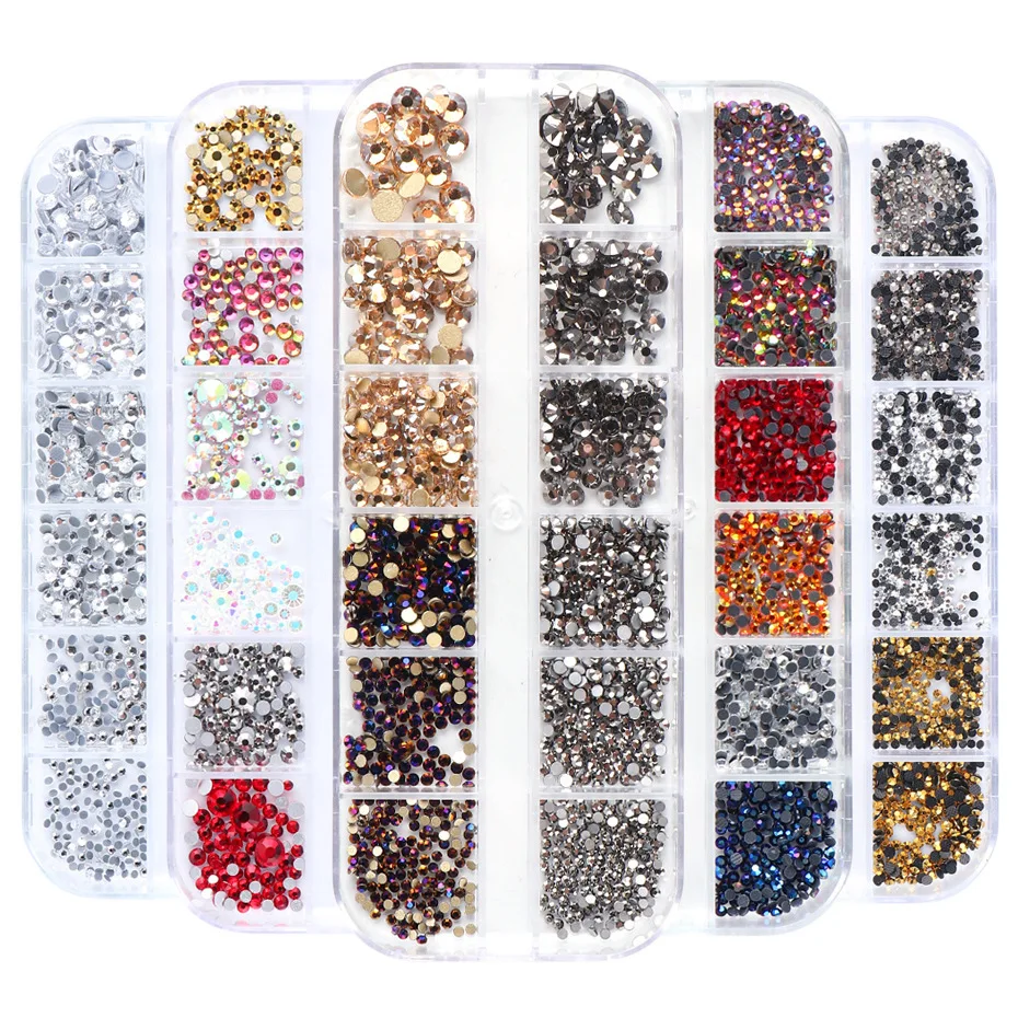 1Box Multi Size Glass Nail Rhinestones Mixed Colors Flat-back AB Crystal With tools 3D Charm Gems  Manicure Nail Art Decorations