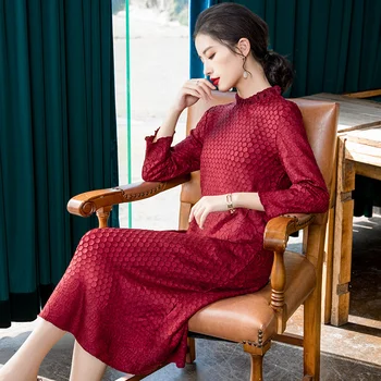 

Vintage Plus Size Dress Elegant 2020 Women Spring Stand collar Nine Quarter Sleeve Loose Fashion Mid Calf A Line Dress Female