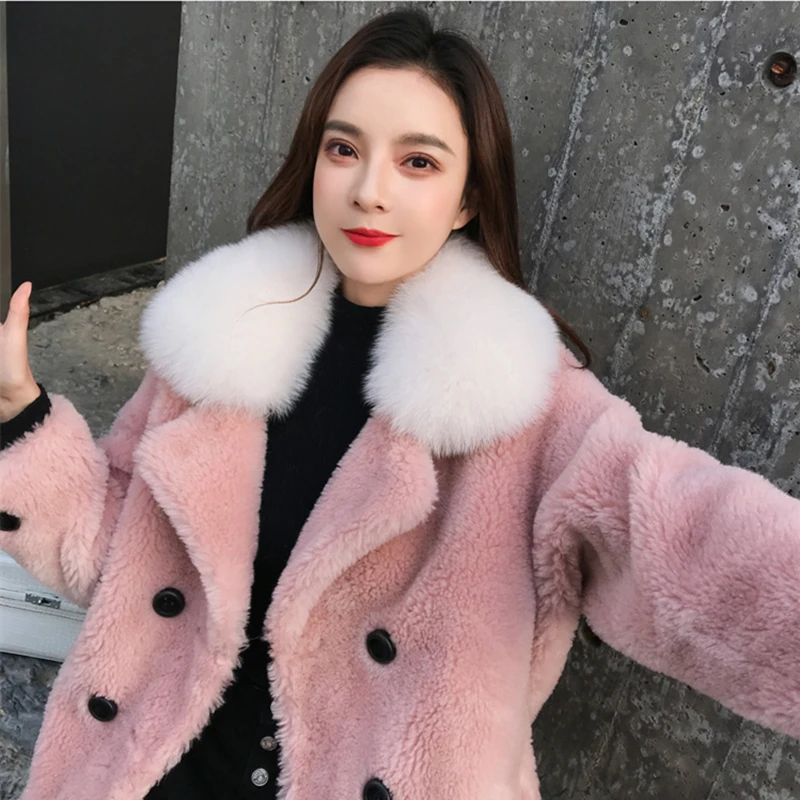 Зимняя куртка женская куртка из искусственного меха воротник из лисьего меха пушистая куртка женская шуба из меха ягненка размера плюс плюшевое пальто Женская плюшевая куртка - Цвет: pink