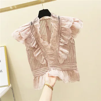 

Hollow Out Lace Shirt Women V-neck Court Lace Blouse 2020 Spring New Fashion Ruffle Princess Shirt Blouses Tops Crop Tops Femme