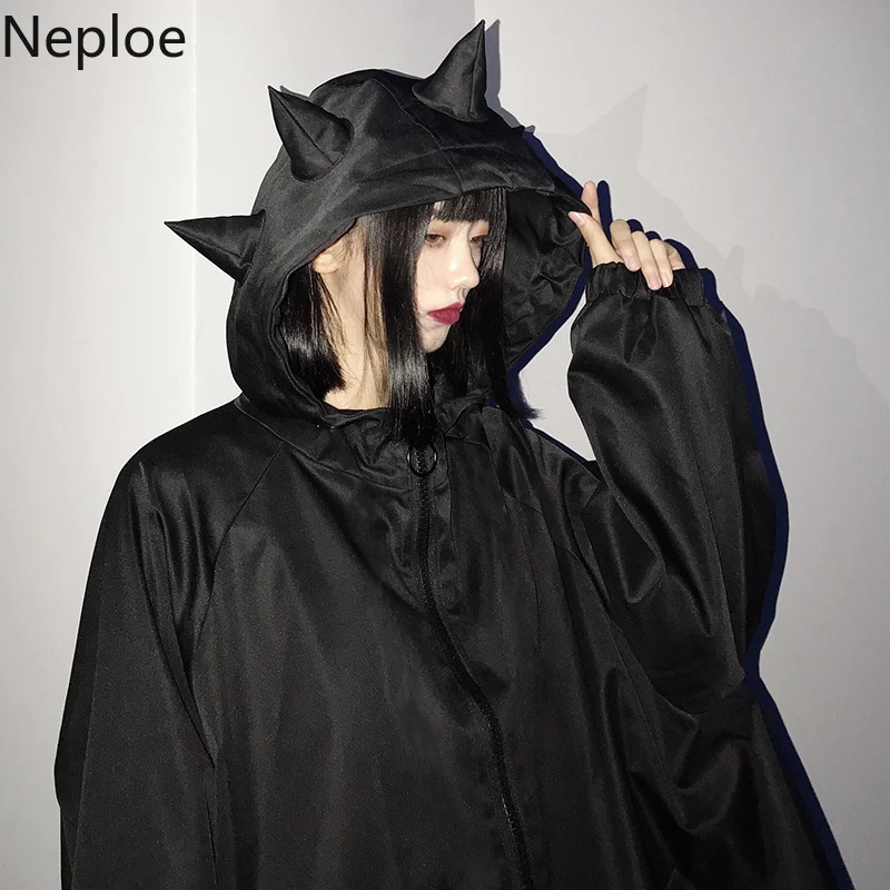 Neploe Harajuku черного цвета в виде динозавра с Длинными Пальто Для женщин Для мужчин с капюшоном и застежкой-молнией больших размеров куртка осень-зима утепленная верхняя одежда 55156