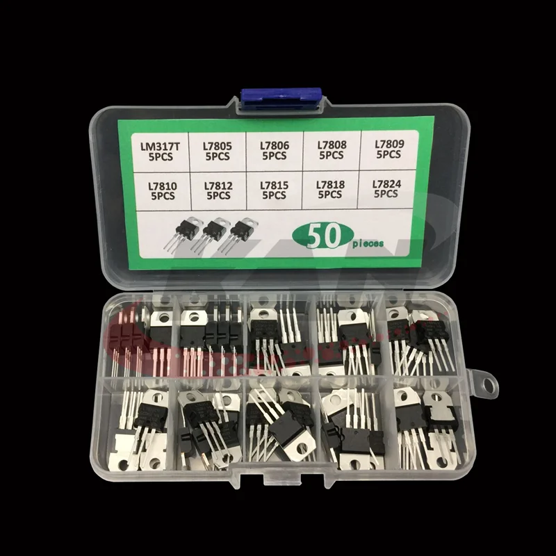 

LM317T L7805 L7806 L7808 L7809 L7810 L7812 L7815 L7818 L7824 транзисторный набор 10 значений 50 шт., коробка регулятора напряжения