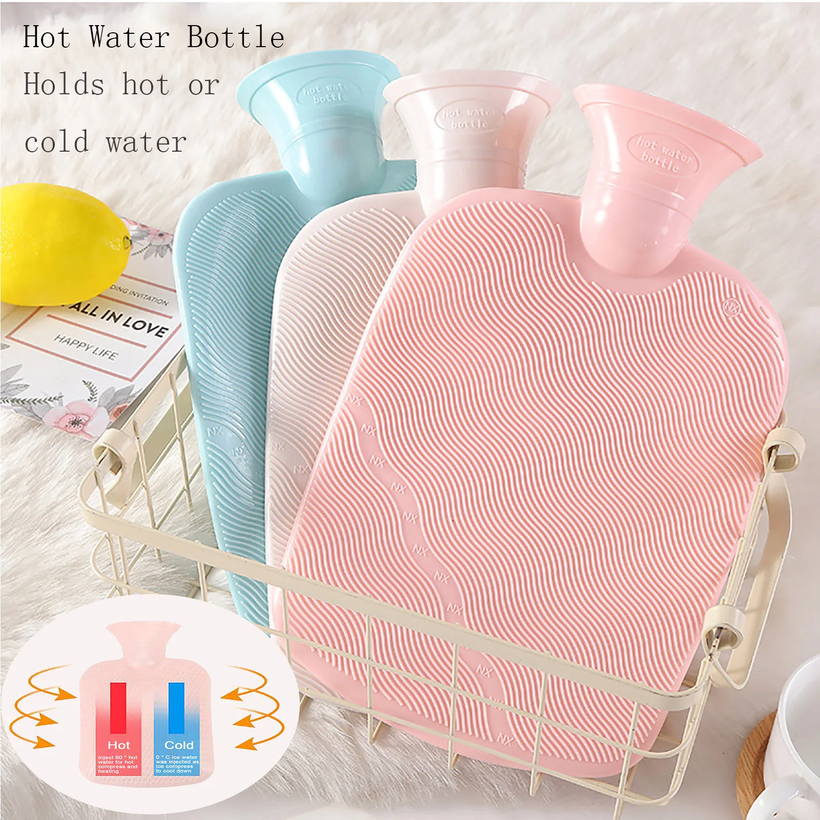 Botella de agua caliente para niñas, calentador de manos portátil de goma de alta densidad, 2000ML, bolsillo, bolsa de agua caliente