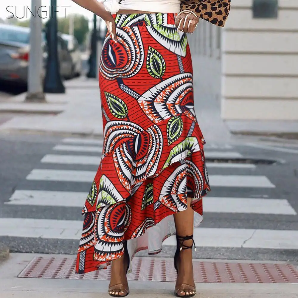 SUNGIFT Dashiki African Dresses For Women Double-layered Ruffled Hem Africa Digital Print Elegant Length Skirt African Clothing