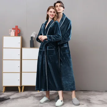 

Winter New Lovers Robe Sleepwear Warm Flannel Kimono Gown Thicken Long Nightwear Couple Bathrobe Gown Lougne Home Clothing