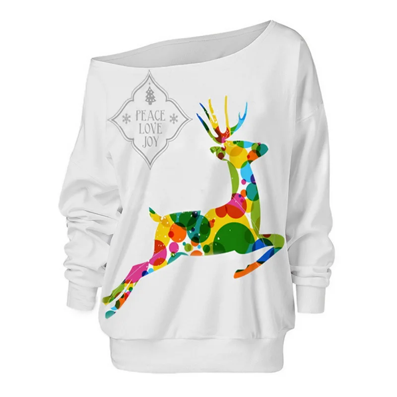 

2020 New Women Sexy One Shoulder Sweatshirt Christmas Deer Print Autumn Girl Hip Hop Hoodies Plus Size Slash Neck Loose Pullover