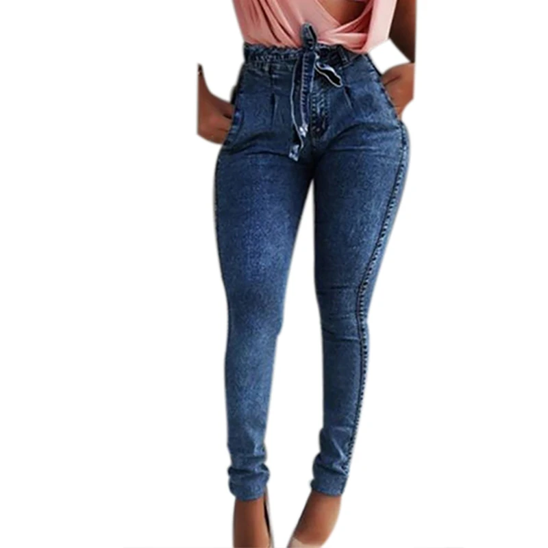 Puimentiua/ джинсы с высокой талией для женщин, облегающие джинсы с растягивающимися вставками, облегающие джинсы с кисточками, пояс-бандаж, обтягивающие джинсы пуш-ап для женщин - Цвет: Dark Blue