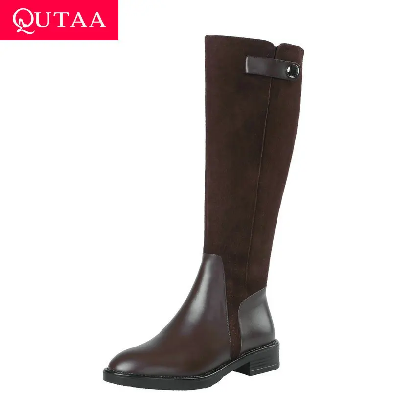 

QUTAA 2020 Women Knee High Boots Cow Leather Cow Suede Zipper Long Boots Square Low Heel Round Toe Casual Women Shoes Size 34-39